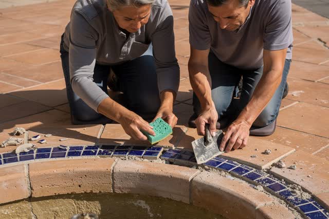 I dream of a small public plaza where a mosaic border is being saved before it crumbles. Two adults kneel beside a dry f