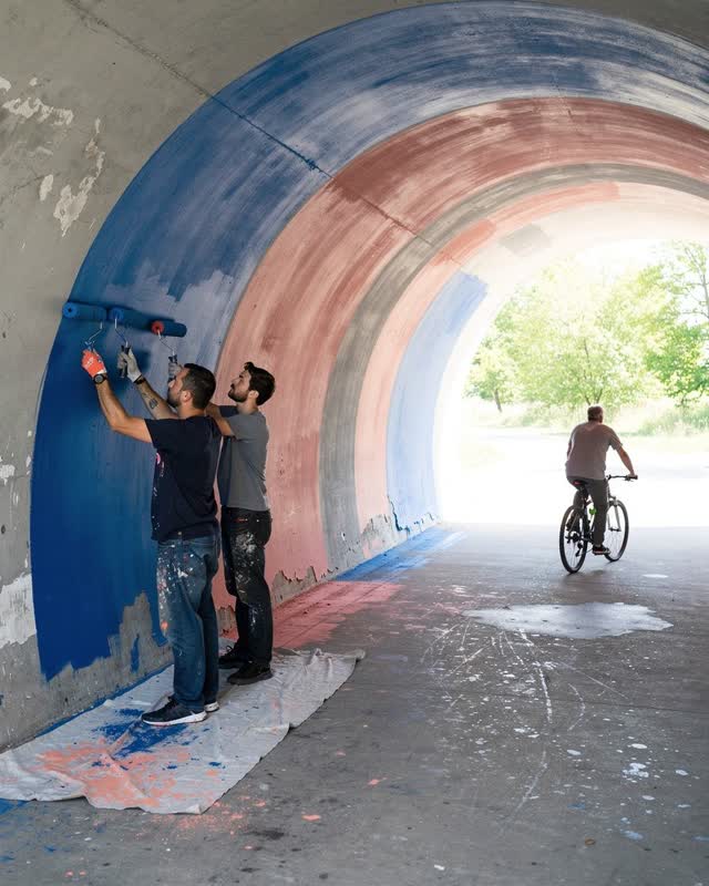 I dream of a sunlit pedestrian underpass where the wall itself teaches the turn. Two mural painters with readable focuse
