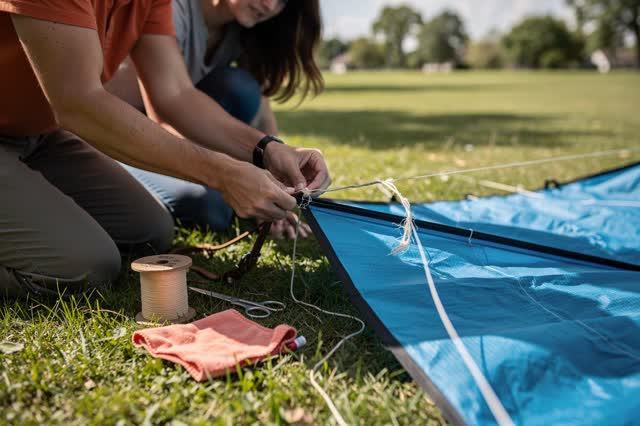 I dream of an open neighborhood park on a breezy afternoon where a grounded kite gets one better knot. Two adults kneel