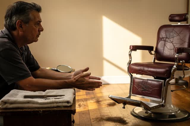 I dream of an old barbershop after the final appointment, where the last towel holds the afternoon. One barber sits quie
