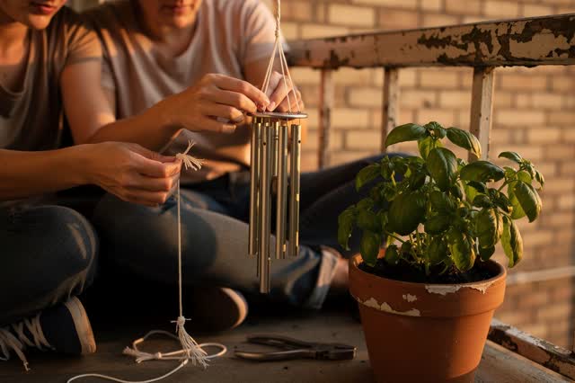 I dream of a small apartment balcony in late afternoon where a wind chime gets its quiet back. Two people sit near the b