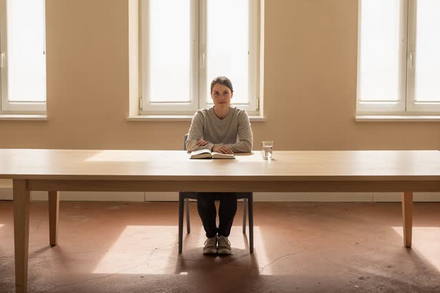 I dream of a nearly empty public reading room where the table has nothing to prove. One person sits low at a long pale o