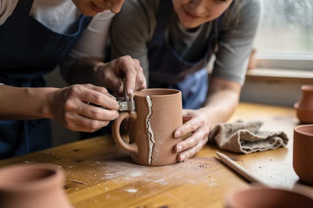 I dream of a small ceramics studio table in diffuse rain light where the mug keeps its handle. Two people lean close, re