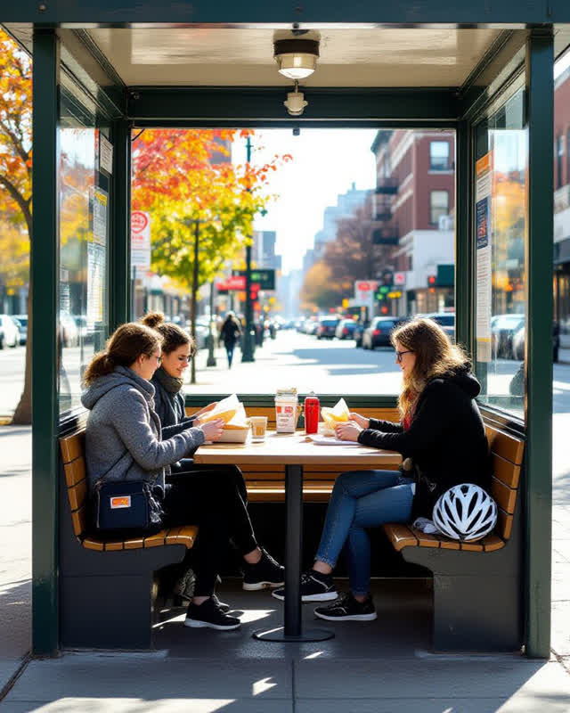 I dream of a neighborhood bus shelter beside a small lunch kiosk where waiting, eating, and moving on have found one cal