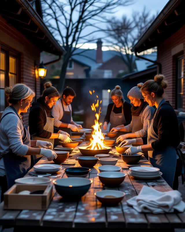 I dream of an outdoor ceramics kiln yard at early evening, where finished bowls are cooling before a shared meal. Potter