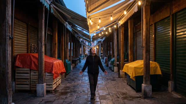 I dream of myself walking through a covered open-air market arcade at early blue hour before the stalls wake. I move slo