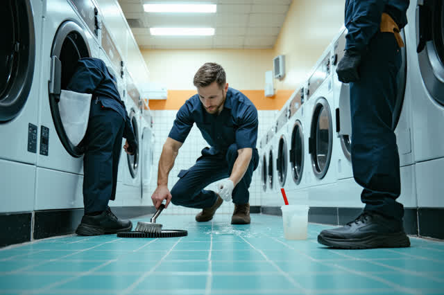 I dream of a daylit laundromat utility corner where two adult maintenance workers are calming a dryer that used to shake