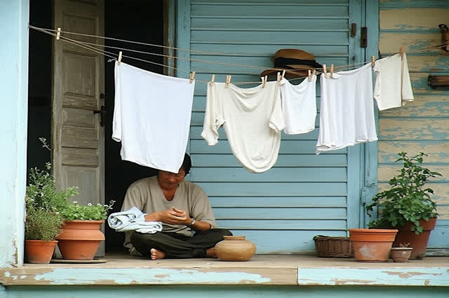 I dream of a small apartment balcony where laundry dries without hurry. One adult person sits low and off-center with a