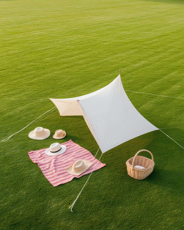 I dream of an open picnic field in clear late morning light where one corner of the canvas canopy lifts before the picni