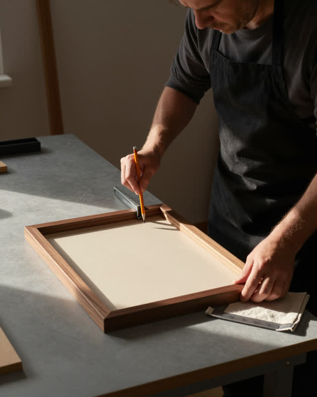 I dream of a small picture-framing bench in hard late-afternoon side light, where a frame clamp is pulling unevenly. One