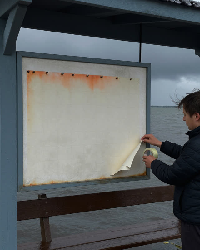 I dream of an open-air waterfront shelter just before another rain front, where one corner of a pinned paper schedule ha