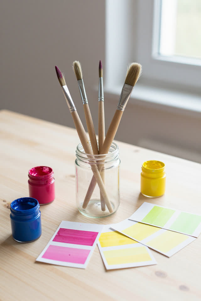 I dream of a sunlit children's art room after cleanup, where the clean paintbrushes have opinions about color. Several b