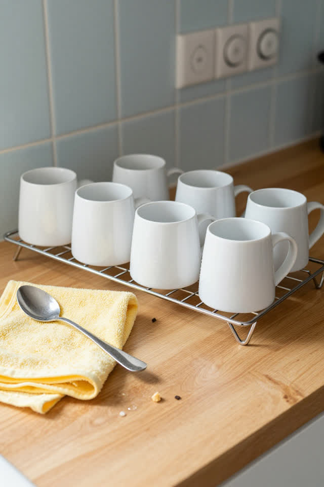 I dream of a sunny apartment kitchenette after breakfast where the cups have formed a union. Clean white cups in a chrom