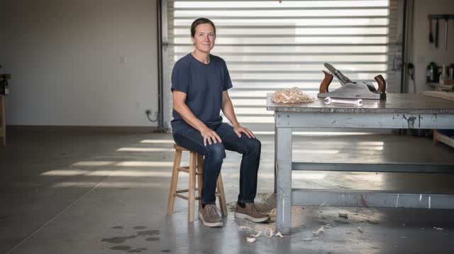 I dream of myself in a small neighborhood tool lending library in clean early morning, sitting on a low wooden stool bec