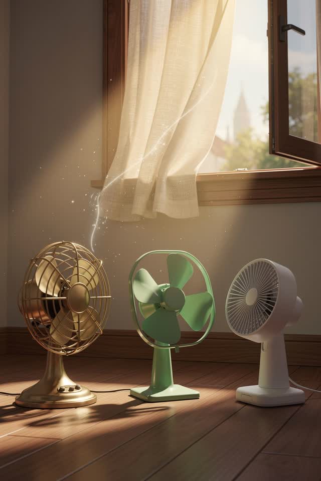 I dream of a sunny apartment corner in late morning where three fans of different eras have formed a committee. A vintag