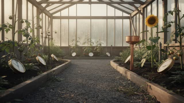 I dream of an old greenhouse in early morning where the instruments have taken root among the plants. Brass barometers r