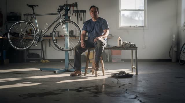 I dream of myself in a small neighborhood bicycle repair co-op in clean early morning, sitting on a worn wooden stool be