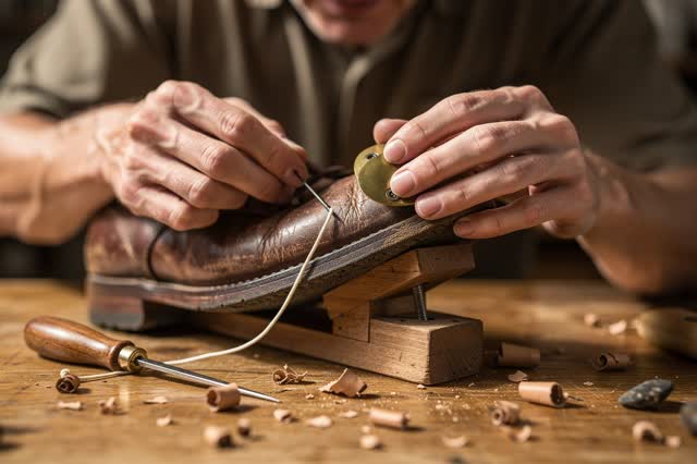 I dream of a small cobbler's bench in soft side workshop daylight where a worn leather boot is learning to walk again. T