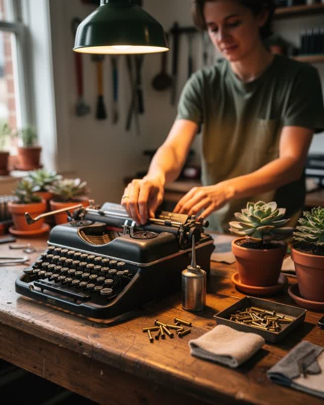 I dream of a small typewriter repair shop where the workbench grows its own patience. In the foreground, an open typewri