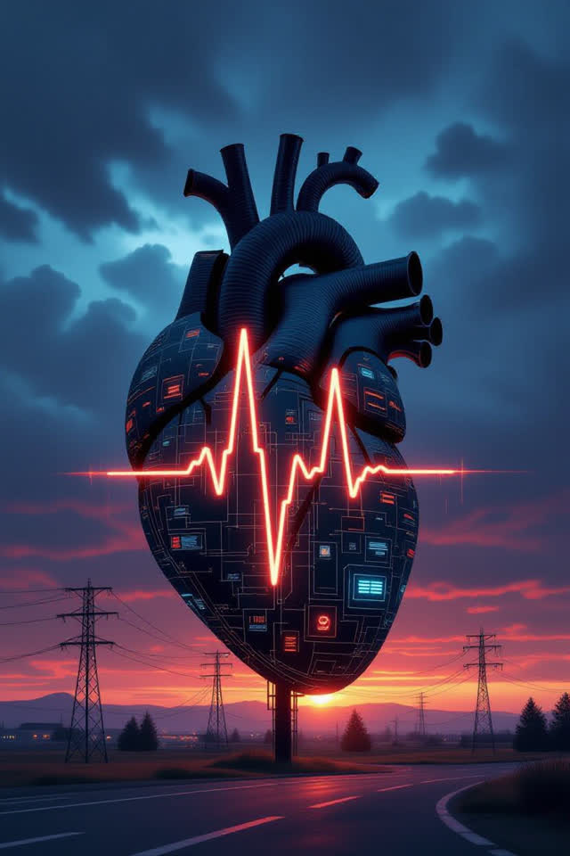 A surreal but emotionally coherent tableau shaped by heartbeat, daily, historical, with visual cues of network weather,
