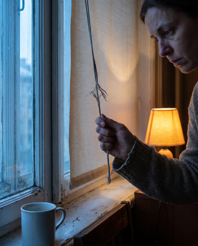 I dream of an old apartment window at blue hour where the shade cord starts to lie. One person with a readable wary face