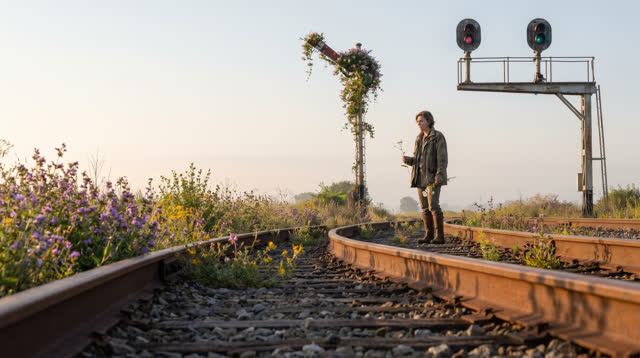 I dream of an abandoned railway switching yard in clean early morning where the signals have learned to bloom. A person