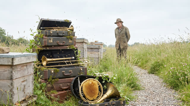 I dream of an old apiary in clean early morning where the bees have taken over the orchestra storage. Stacked brass inst