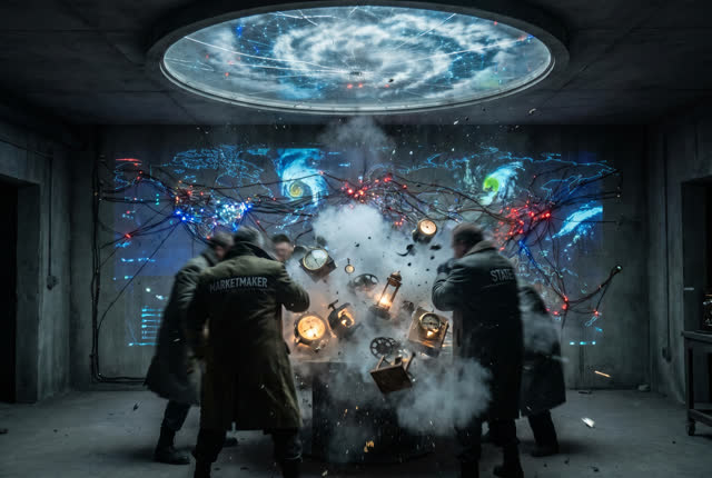 A symbolic cinematic scene shaped by marketmaker, state, artifacts, with visual cues of signal map, control room, networ