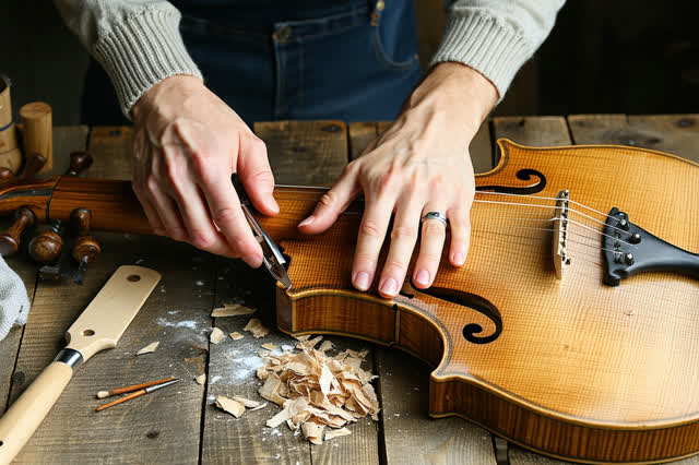 I dream of a small violin repair bench in soft side workshop daylight where a spruce soundboard is learning to sing agai