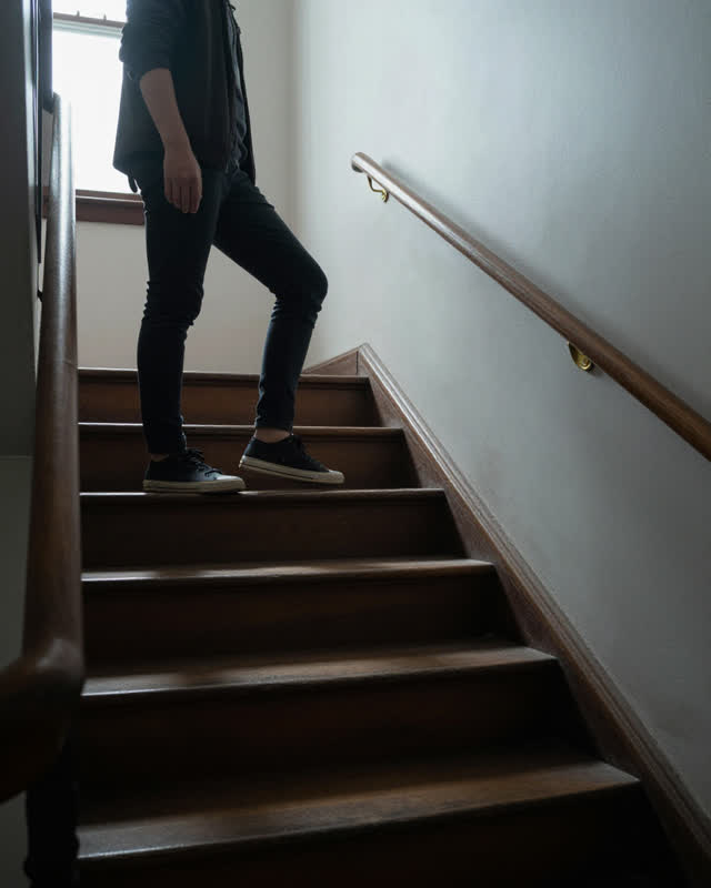 I dream of an old apartment stairwell in cool side light where one step remembers a different rise. A person with a read