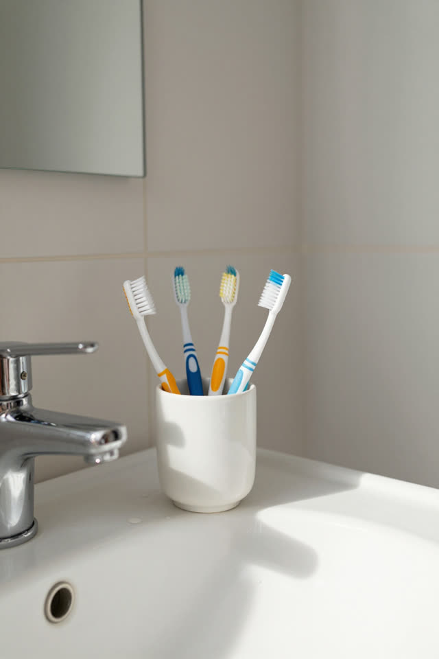 I dream of a sunny bathroom counter in late morning where the toothbrushes have arranged themselves by seniority. Three