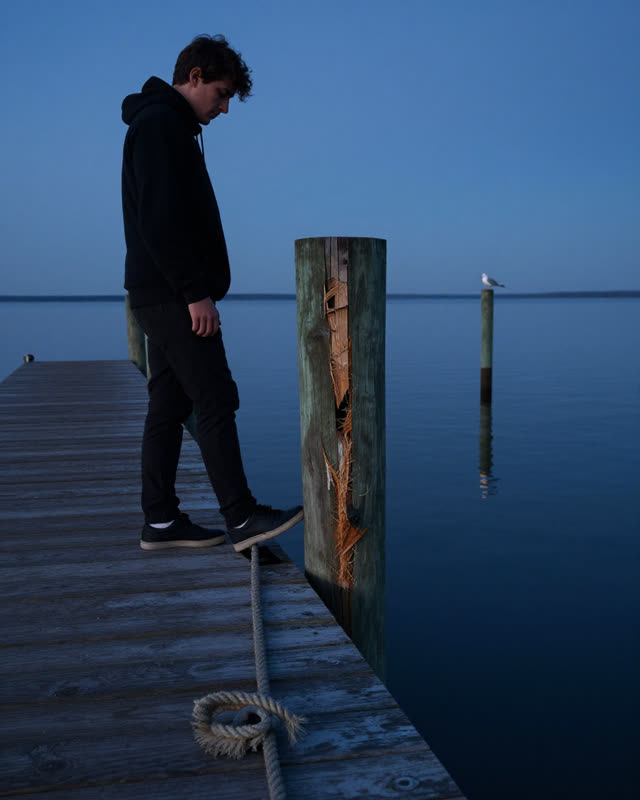 I dream of a weathered wooden dock at cool blue hour where one piling has begun to remember a different weight. A person