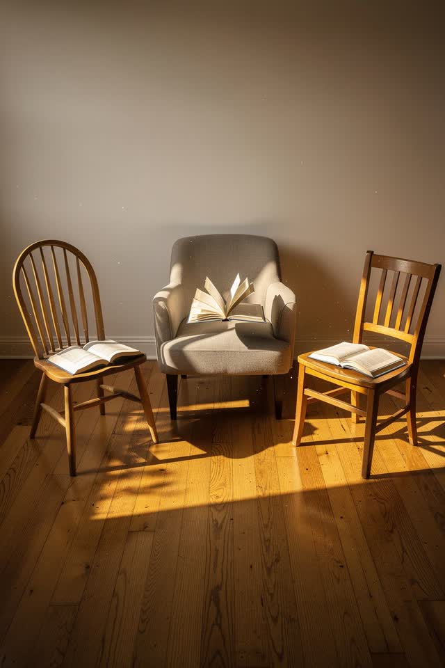 I dream of a sunny reading corner in late morning where three chairs of different styles have turned toward each other a