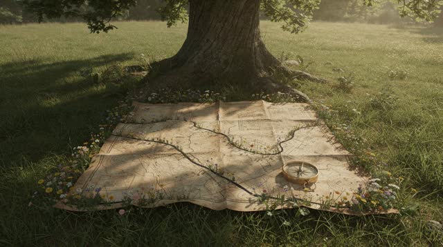 I dream of an old land survey map unfolded on the grass under a solitary oak tree in late morning, where wildflowers hav