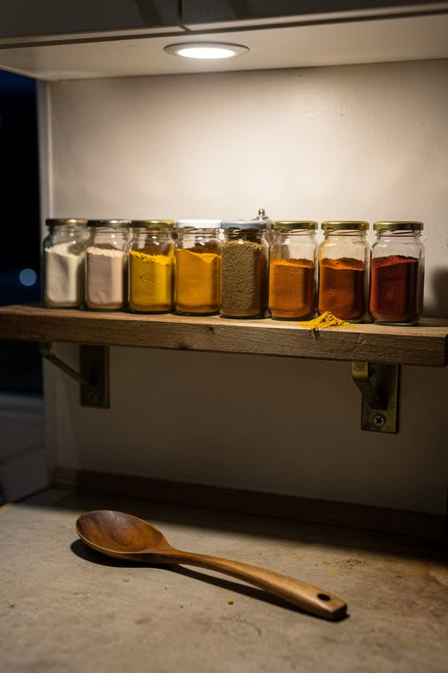 I dream of a small apartment kitchen spice shelf where the glass jars have quietly sorted themselves by color, from pale