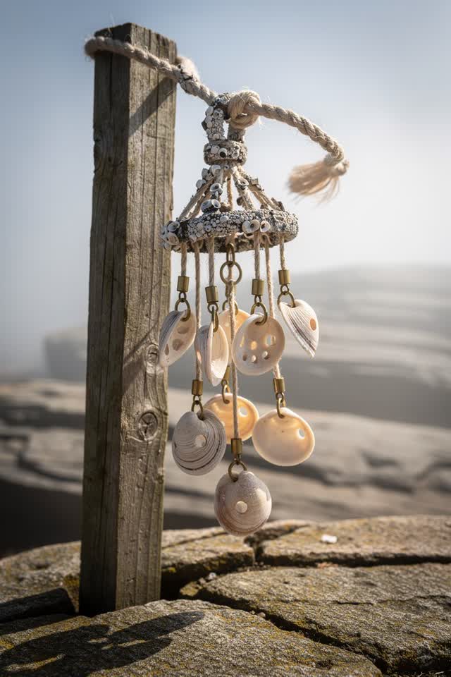 I dream of a small coastal wind chime made of drilled shells and brass swivels, hanging from a length of salt-stiffened