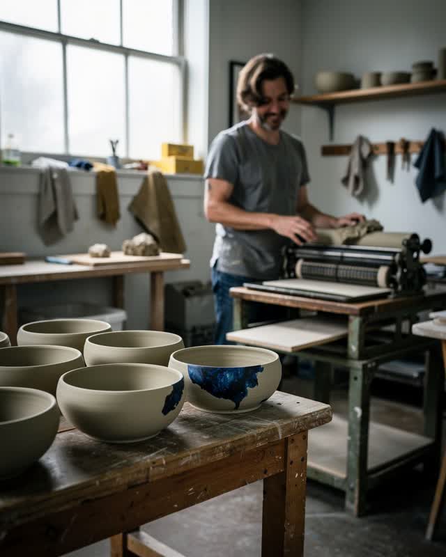 I dream of a small neighborhood pottery studio where the letterpress has leaned into the clay. Wet greenware bowls rest