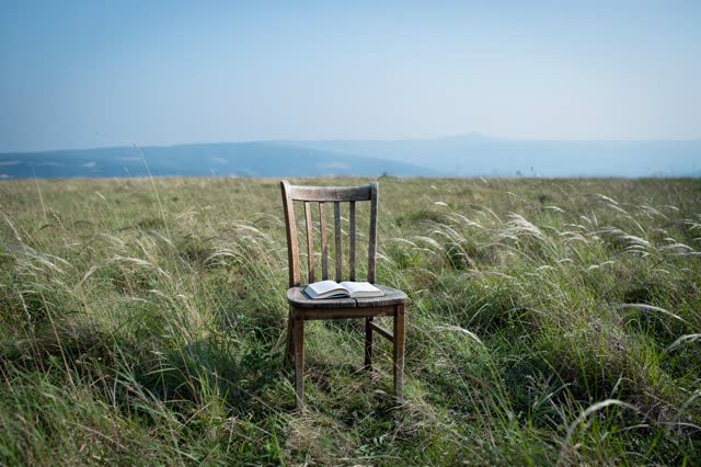 I dream of a single worn wooden chair placed in the middle of a tall grass meadow at mid-afternoon, with no one sitting