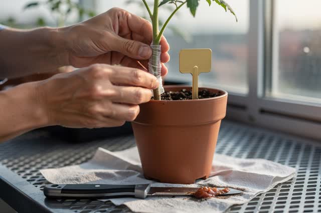 I dream of a small rooftop greenhouse in cool early morning where a tomato scion is learning to join a rootstock. Two ha