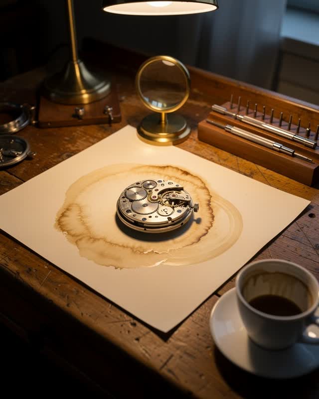 I dream of a small watch repair desk in late afternoon where coffee ring stains on the blotter have accidentally highlig