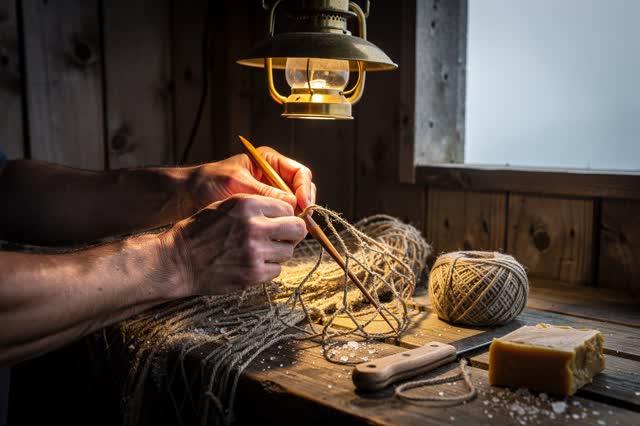 I dream of two hands mending a salt-stiffened fishing net in a small coastal shed, dim practical work-light from a singl