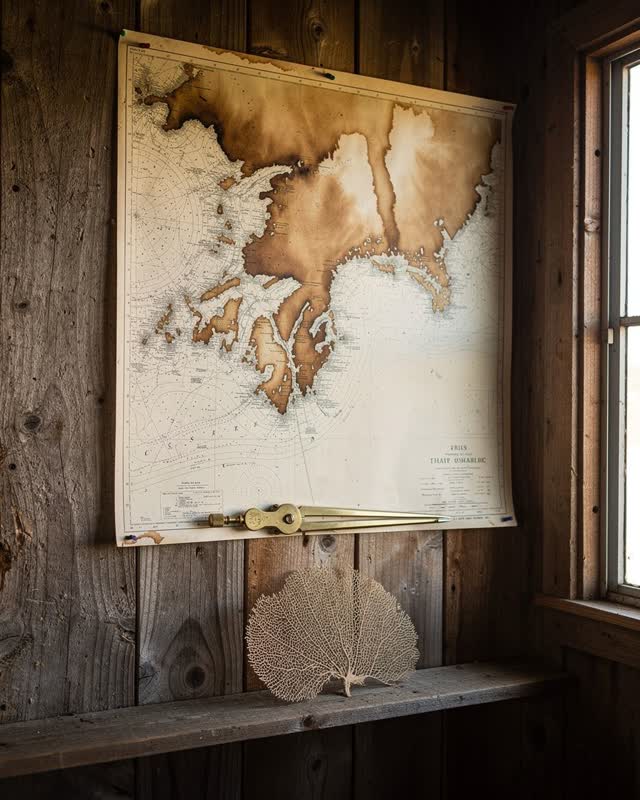 I dream of a large coastal navigation chart pinned to a rough wooden wall in a small shack, where water stains from past