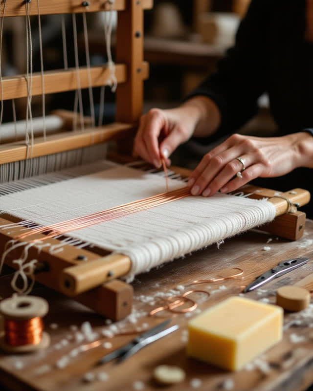 I dream of a small textile studio where the loom has agreed to learn metal. In the foreground, hands guide a wooden shut