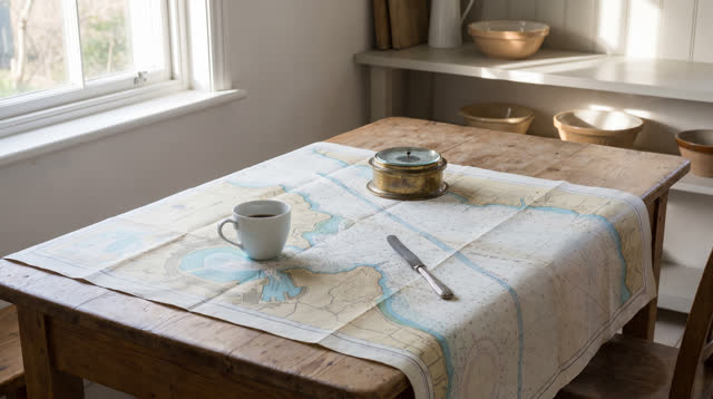 I dream of a small coastal kitchen where nautical charts have become the household linens. A broad wooden dining table i