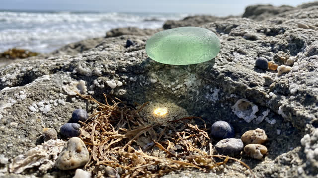 I dream of a piece of sea glass on a weathered coastal rock, focusing a sharp circle of sunlight onto a patch of dry bro
