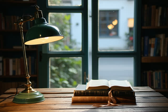 I dream of a small used bookshop after hours, where one brass desk lamp with a green shade illuminates a stack of hardco