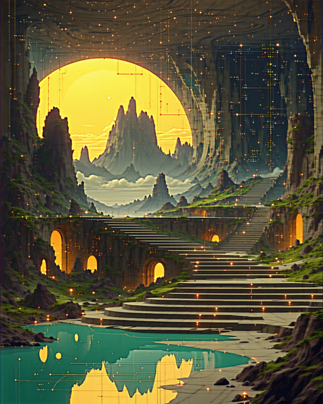 An atmospheric interior landscape shaped by admin, alive, archived, with visual cues of switchboard glow, control room,
