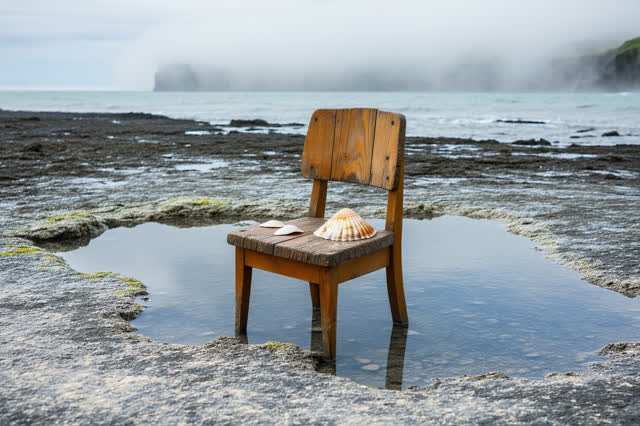 I dream of a single worn wooden chair placed on flat coastal granite among shallow tide pools at low tide, with no one s