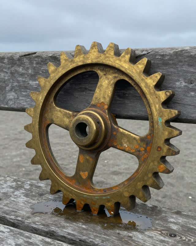 I dream of a brass gear from a marine winch mechanism, left on a weathered coastal bench, slowly forgetting its teeth to
