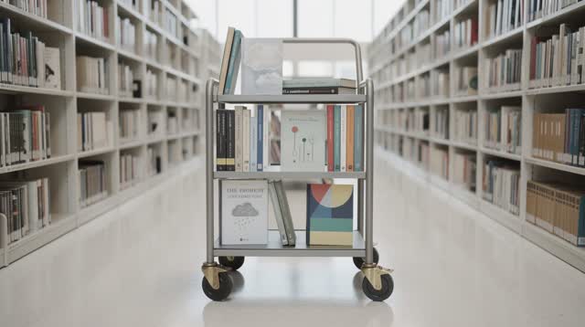 I dream of a bright branch-library aisle where the metal return cart has subtly reorganized its overnight stack into une